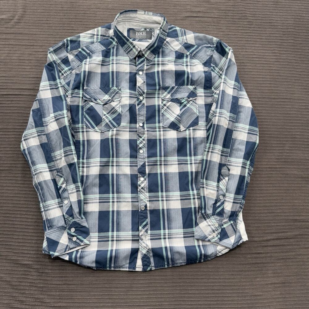 BKE Buckle Shirt Men Large Plaid Cotton Pearl Snap Long Sleeve Cowboy Rodeo.